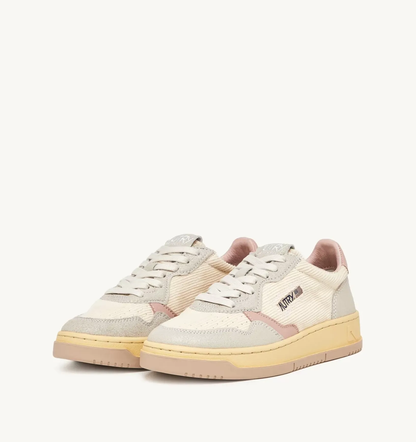 Sneakers Medalist Low In Velluto A Costine Avorio E Pelle Grigia E Rosa