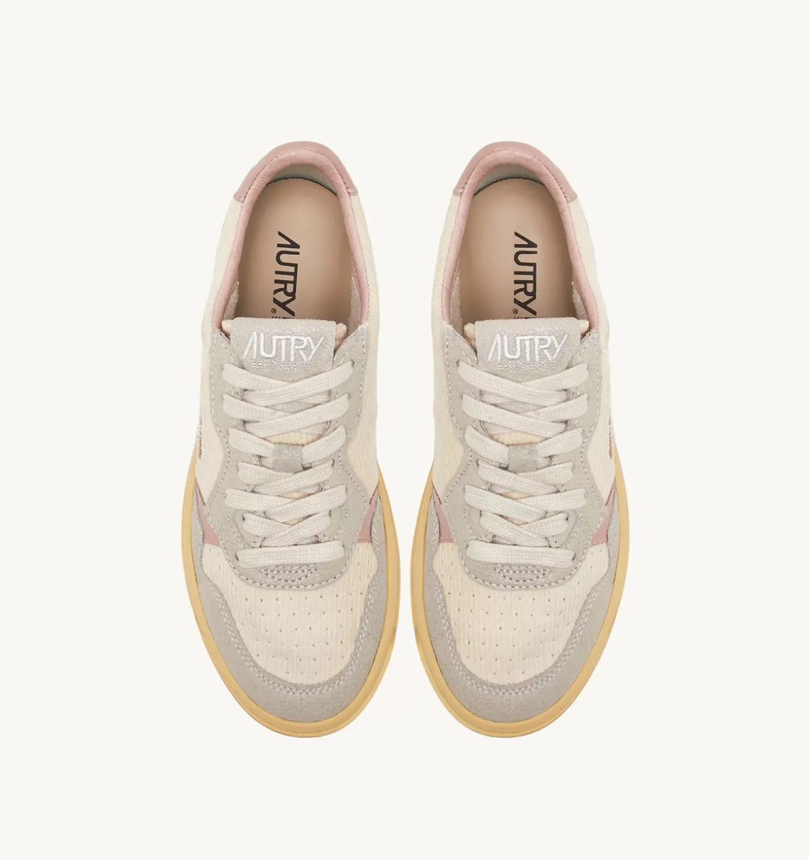 Sneakers Medalist Low In Velluto A Costine Avorio E Pelle Grigia E Rosa