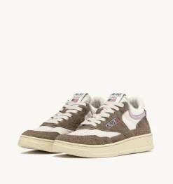 Sneakers Open Mid In Pelle Di Capra Mesh E Suede Colore Bianco Mud E Lilla