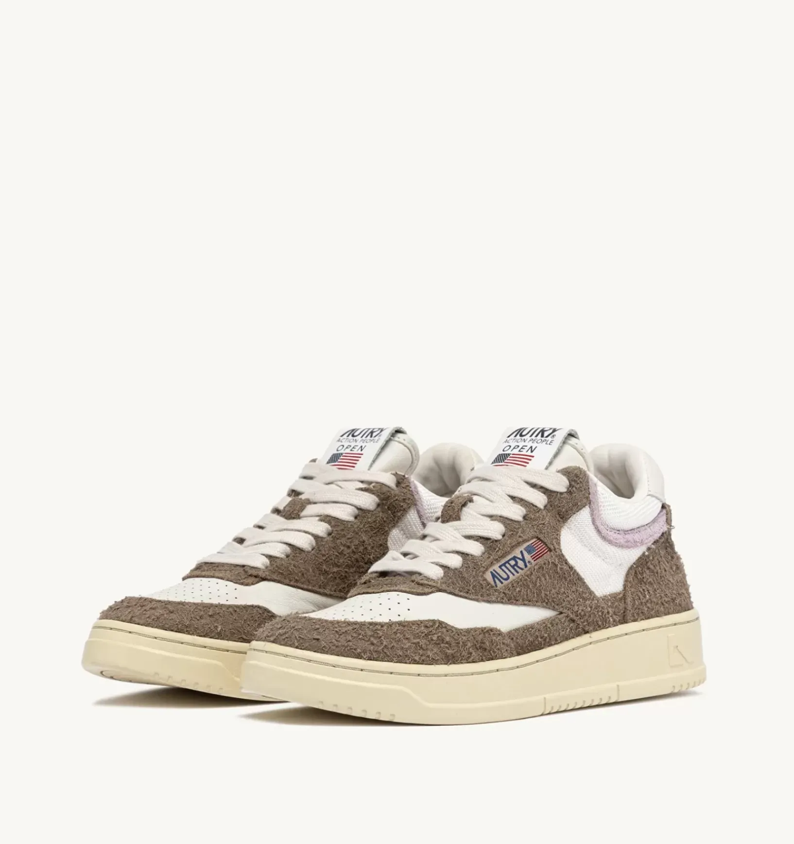 Sneakers Open Mid In Pelle Di Capra Mesh E Suede Colore Bianco Mud E Lilla
