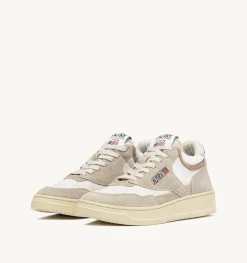 Sneakers Open Mid In Pelle Di Capra Mesh E Suede Colore Bianco Ecru E Beige