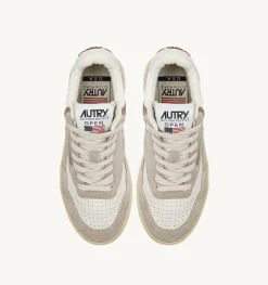 Sneakers Open Mid In Pelle Di Capra Mesh E Suede Colore Bianco Ecru E Beige