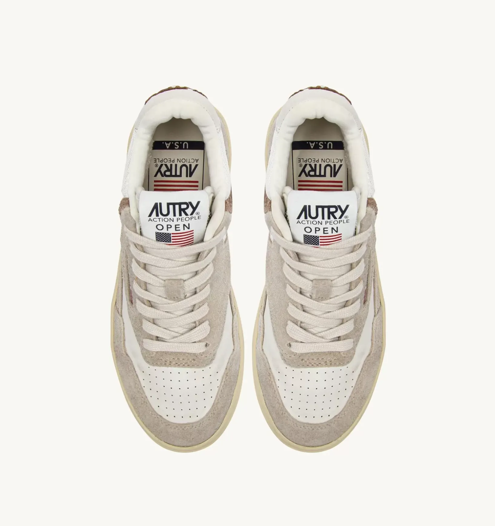 Sneakers Open Mid In Pelle Di Capra Mesh E Suede Colore Bianco Ecru E Beige
