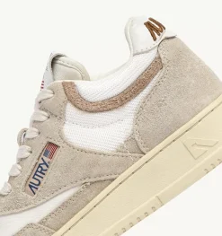 Sneakers Open Mid In Pelle Di Capra Mesh E Suede Colore Bianco Ecru E Beige
