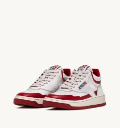 Sneakers Open Mid In Pelle Bianco Rosso