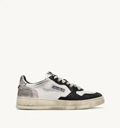 Sneakers Super Vintage Low In Pelle Bianco Nero E Argento