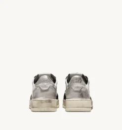 Sneakers Super Vintage Low In Pelle Bianco Nero E Argento
