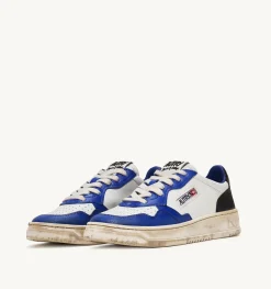 Sneakers Super Vintage Low In Pelle Bianco Blue E Nero