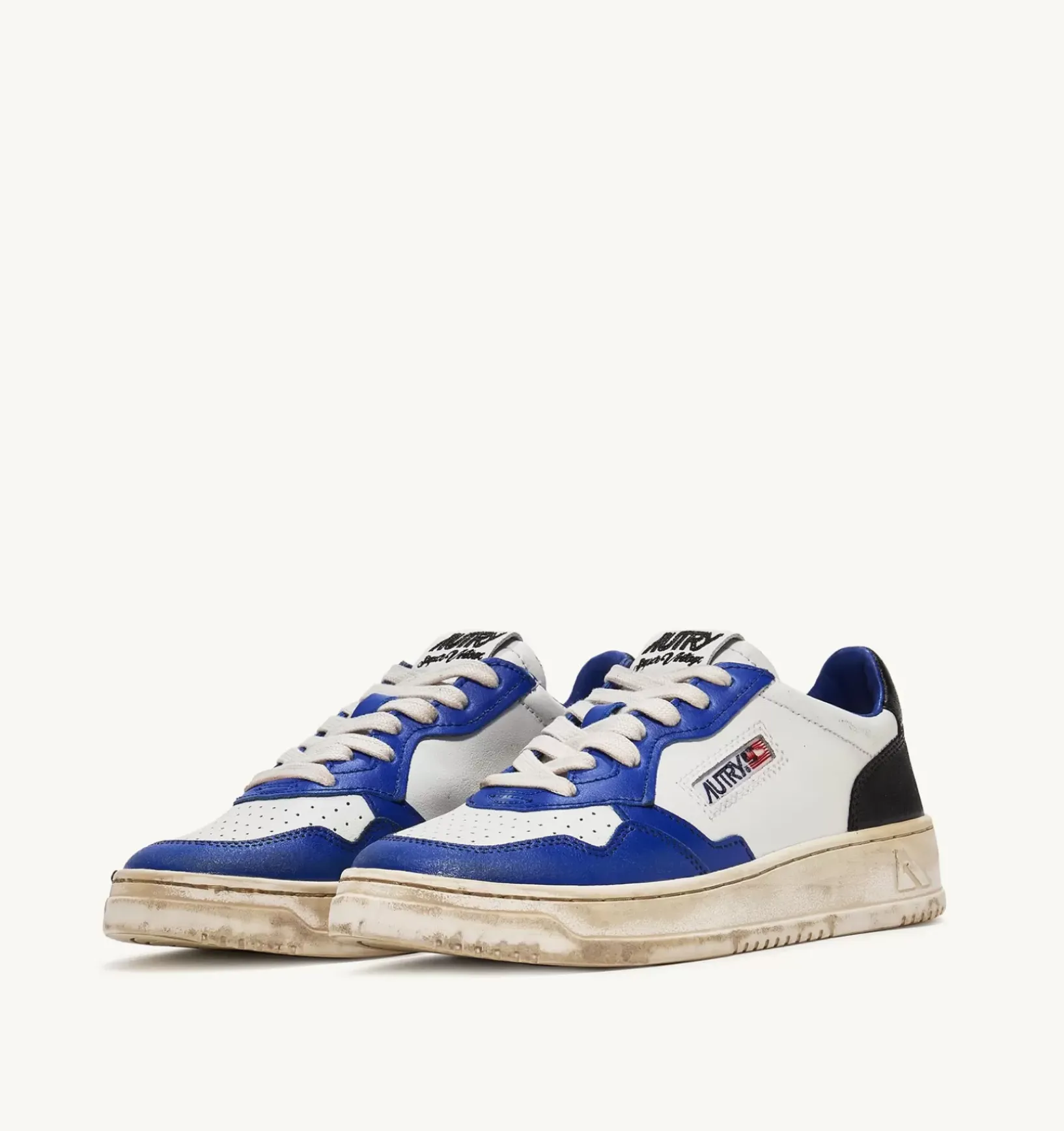 Sneakers Super Vintage Low In Pelle Bianco Blue E Nero