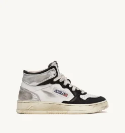 Sneakers Super Vintage Mid In Pelle Bianco Nero Argento