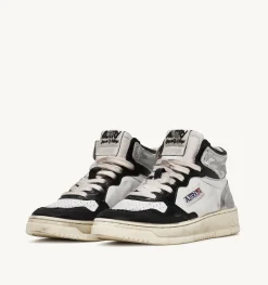 Sneakers Super Vintage Mid In Pelle Bianco Nero Argento