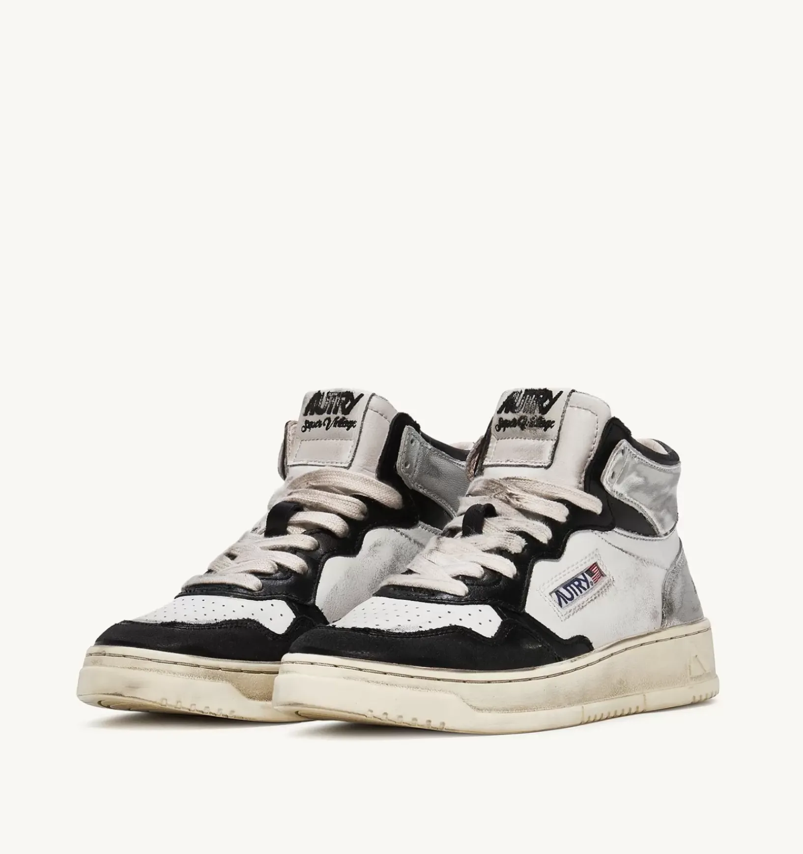 Sneakers Super Vintage Mid In Pelle Bianco Nero Argento