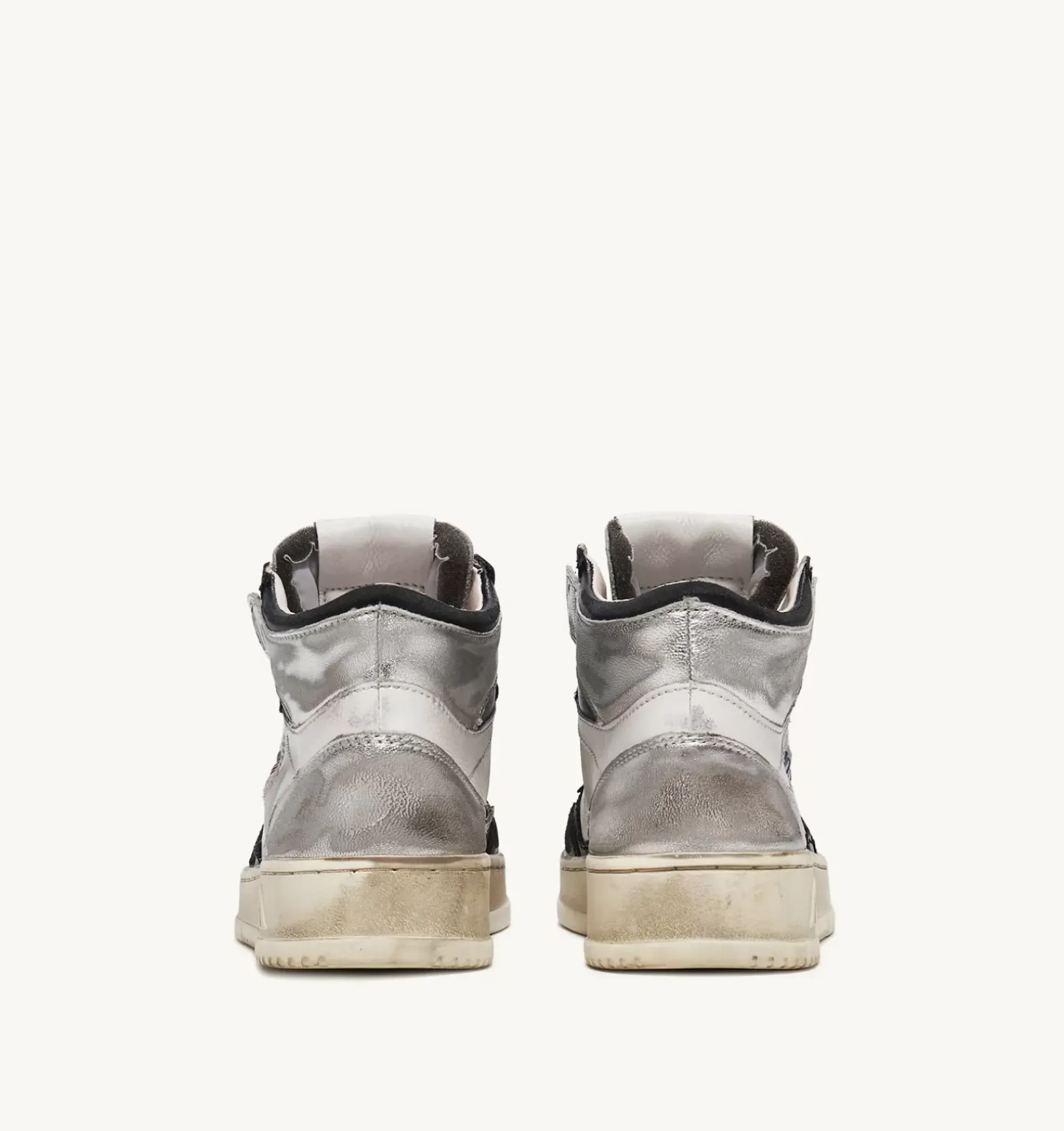 Sneakers Super Vintage Mid In Pelle Bianco Nero Argento