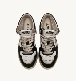 Sneakers Super Vintage Mid In Pelle Bianco Nero Argento