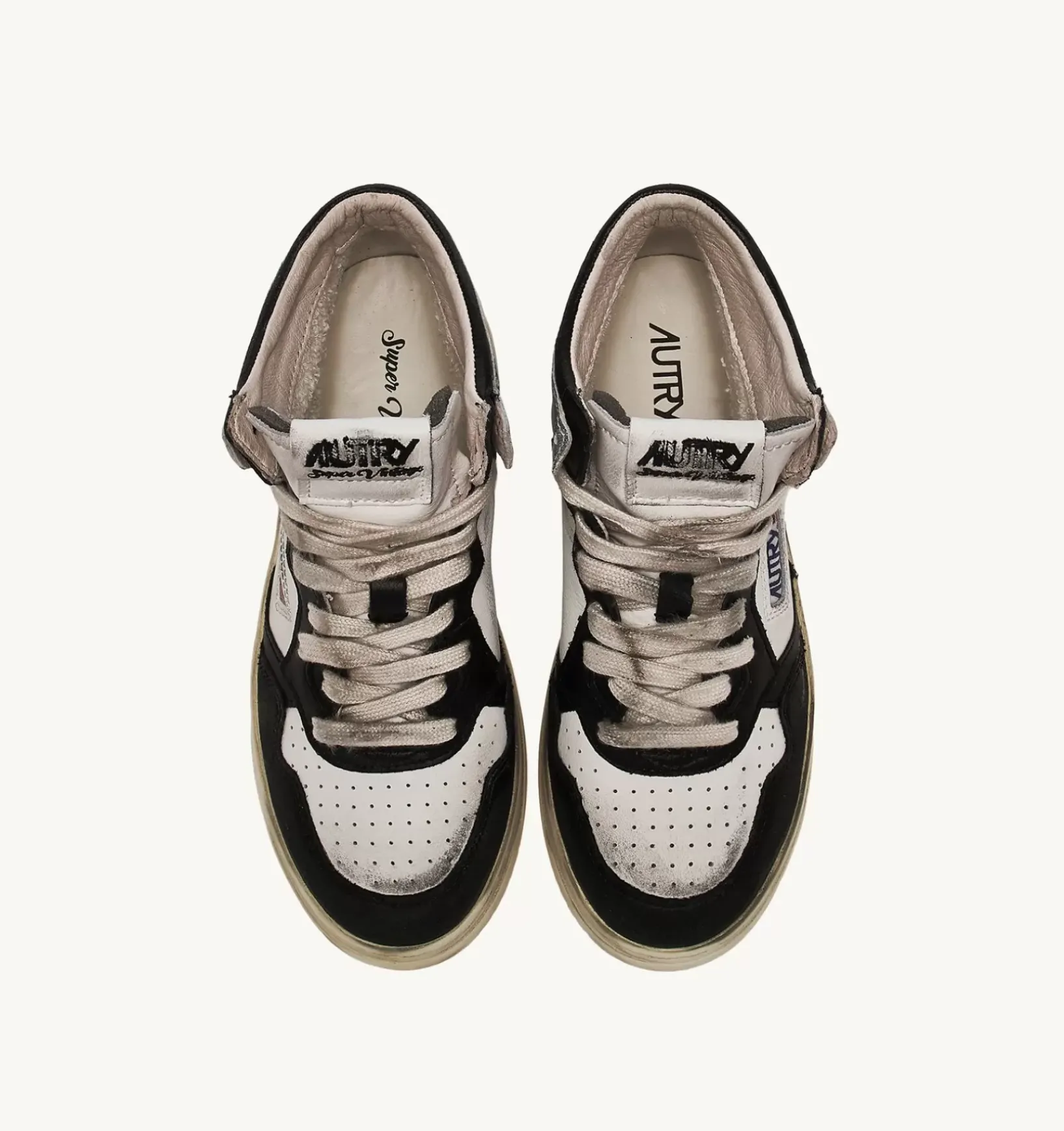 Sneakers Super Vintage Mid In Pelle Bianco Nero Argento
