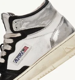Sneakers Super Vintage Mid In Pelle Bianco Nero Argento