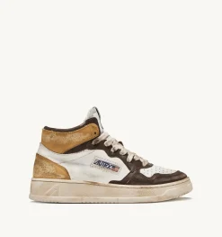 Sneakers Super Vintage Mid In Pelle Bianco Marrone Honey