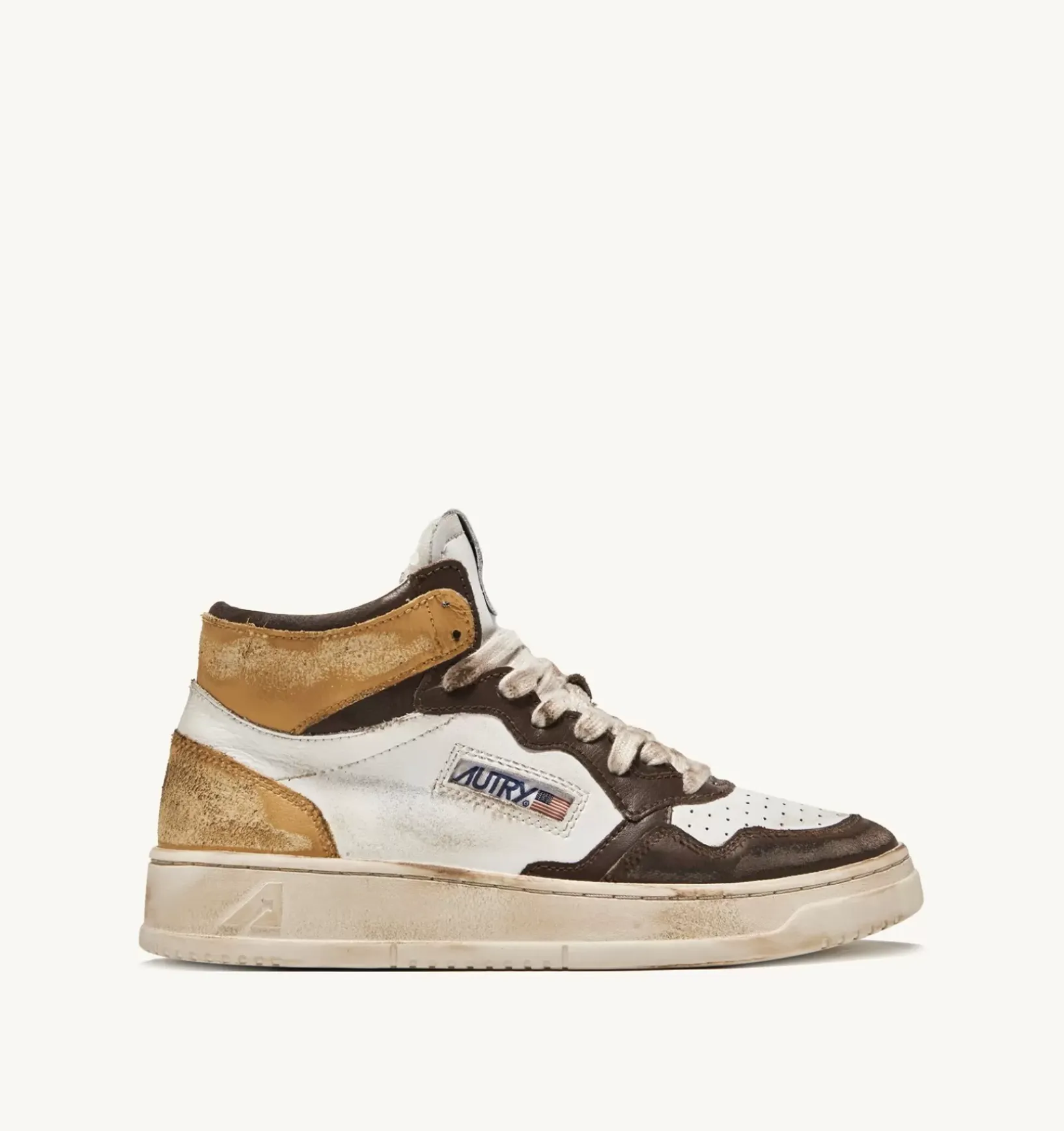 Sneakers Super Vintage Mid In Pelle Bianco Marrone Honey