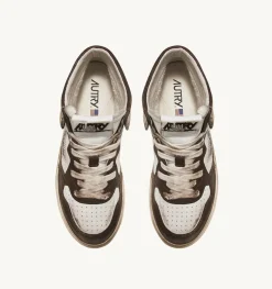 Sneakers Super Vintage Mid In Pelle Bianco Marrone Honey